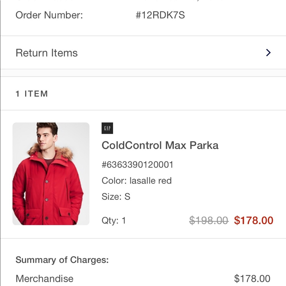 Men's Gap Cold Control Max Parka (Charcoal Gray Only)  size S.  New with tags.